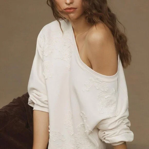 By Anthropologie Crochet Appliqué Pullover Top Oversized Cotton Lace S 272128 Blouses